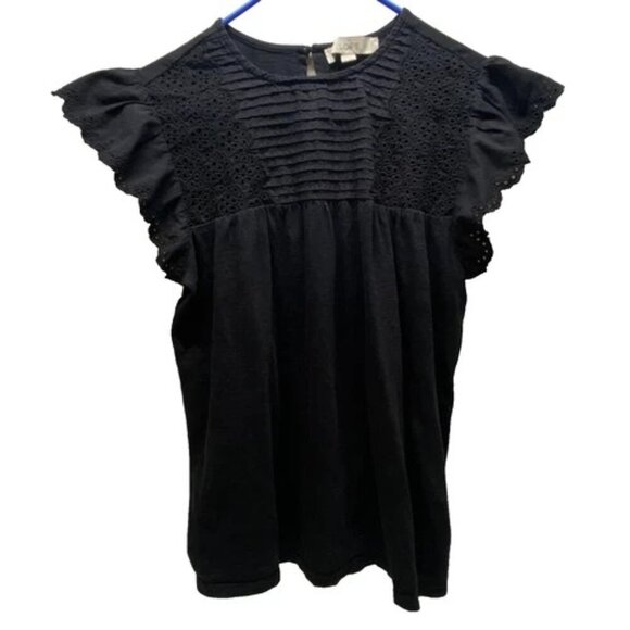 LOFT Short Sleeve Blouse Women's Medium Black Short Sleeve Crochet Lace Top GUC - Picture 1 of 9